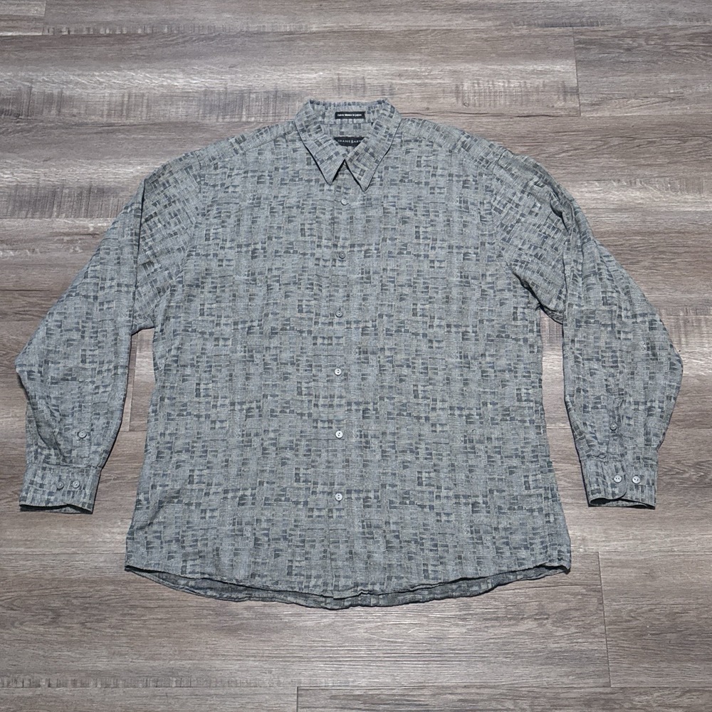 Jhane Barnes Men's Size XL Gray Blue Abstract Long Sleeve Shirt Woven Japan